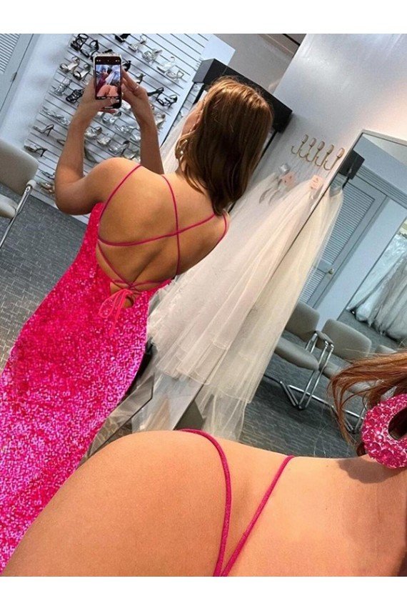 Cheap Spaghetti Straps Sleeveless Long Velvet Sequin Prom Dress with Slit and Criss Cross Open Back Sydney