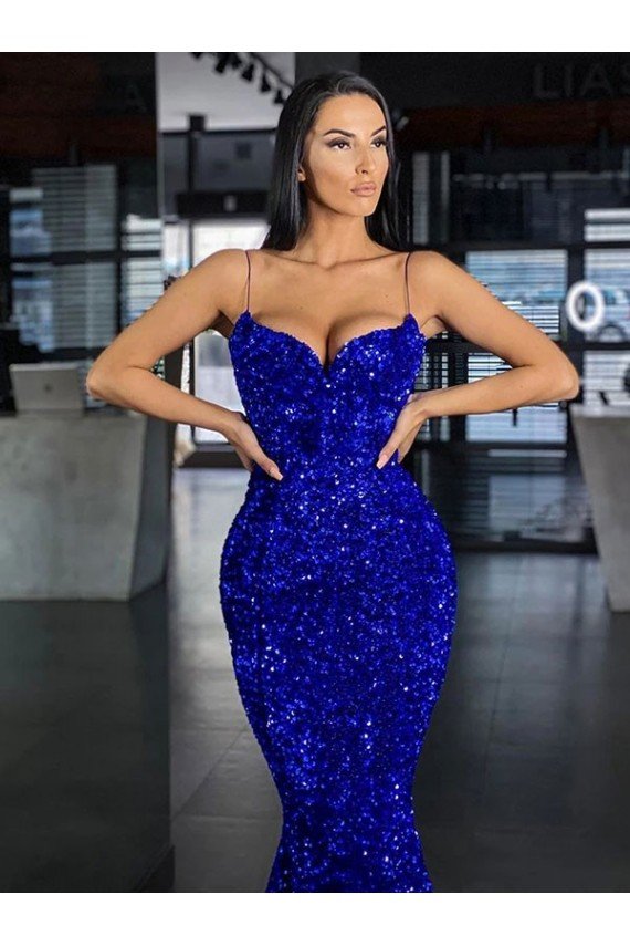 Cheap Mermaid Spaghetti Straps Sleeveless Long Sweep Train Velvet Sequin Prom Dress Sydney