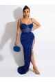 Cheap Long Sweep Train Spaghetti Straps Sleeveless Velvet Sequin Prom Dress with Slit Sydney