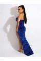 Cheap Long Sweep Train Spaghetti Straps Sleeveless Velvet Sequin Prom Dress with Slit Sydney