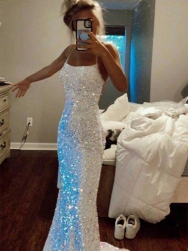 Cheap Long Spaghetti Straps Sleeveless Sweep Train Velvet Sequin Prom Dress Sydney