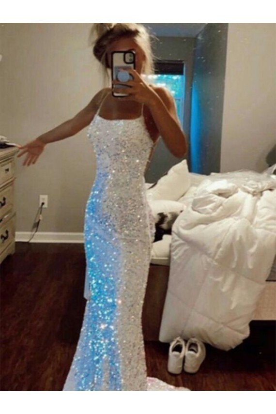 Cheap Long Spaghetti Straps Sleeveless Sweep Train Velvet Sequin Prom Dress Sydney
