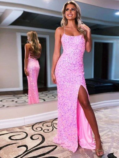 Cheap Spaghetti Straps Sleeveless Long Sweep Train Velvet Sequin Prom Dress with Slit Sydney