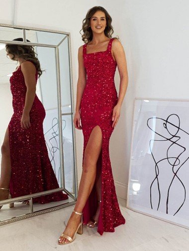 Cheap Square Neck Sleeveless Long Velvet Sequin Prom Dress with Slit Sydney