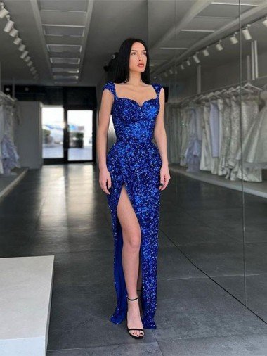 Cheap Sleeveless Long Sweep Train Velvet Sequin Prom Dress with High Slit and Straps Sydney