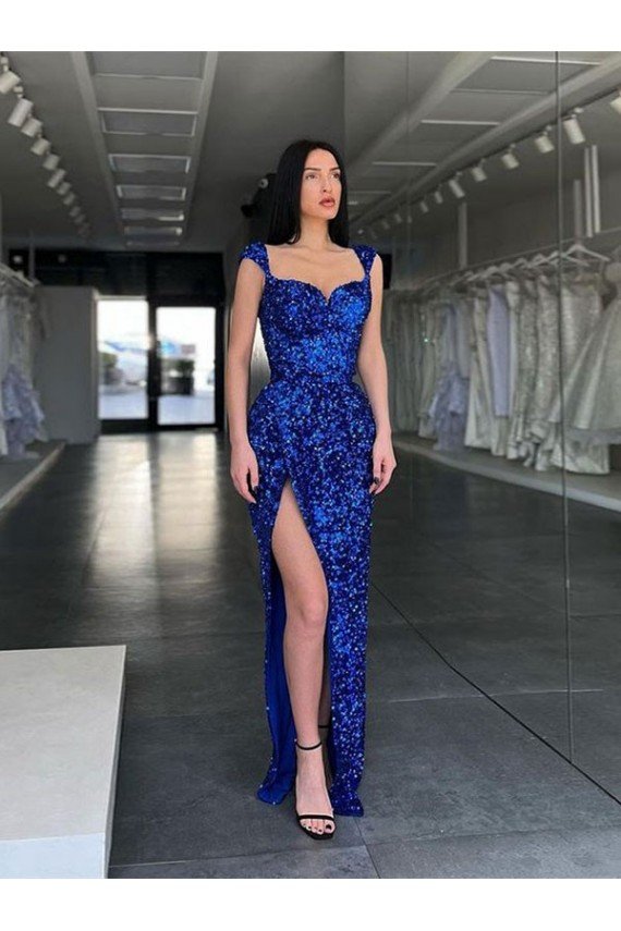 Cheap Sleeveless Long Sweep Train Velvet Sequin Prom Dress with High Slit and Straps Sydney