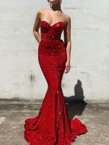 Cheap Mermaid Sweetheart Sleeveless Long Court Train Velvet Sequin Prom Dress Sydney