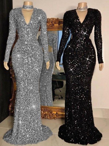 Cheap V-Neck Long Sleeves Long Sweep Train Velvet Sequin Prom Dress Sydney