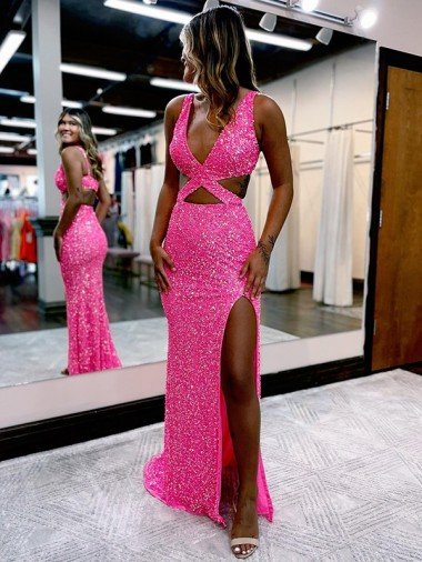 Cheap Long V-Neck Sleeveless Sweep Train Velvet Sequin Prom Dress with High Slit Sydney