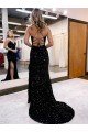 Cheap V-Neck Sleeveless Long Velvet Sequin Royal Blue Prom Dress with Side Slit Sydney