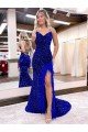 Cheap V-Neck Sleeveless Long Velvet Sequin Royal Blue Prom Dress with Side Slit Sydney