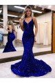 Cheap Mermaid V-Neck Sleeveless Long Court Train Velvet Sequin Prom Dress Sydney