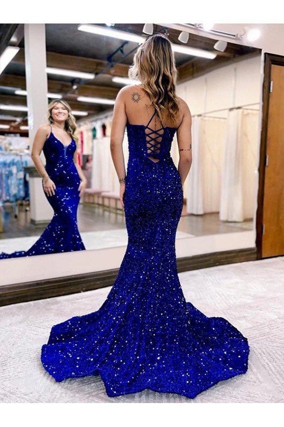 Cheap Mermaid V-Neck Sleeveless Long Court Train Velvet Sequin Prom Dress Sydney