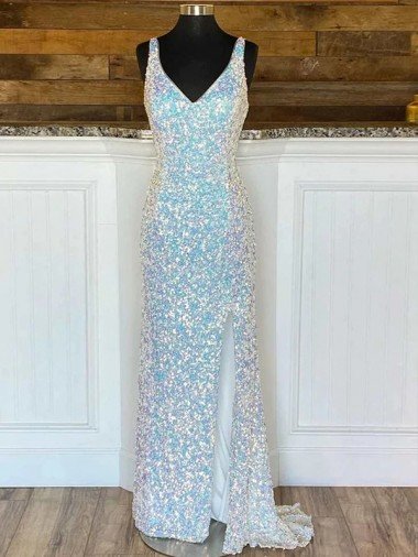 Cheap V-Neck Sleeveless Long Sweep Train Velvet Sequin Prom Dress Sydney