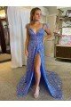 Cheap A-Line V-Neck Sleeveless Long Court Train Velvet Sequin Prom Dress with High Slit Sydney