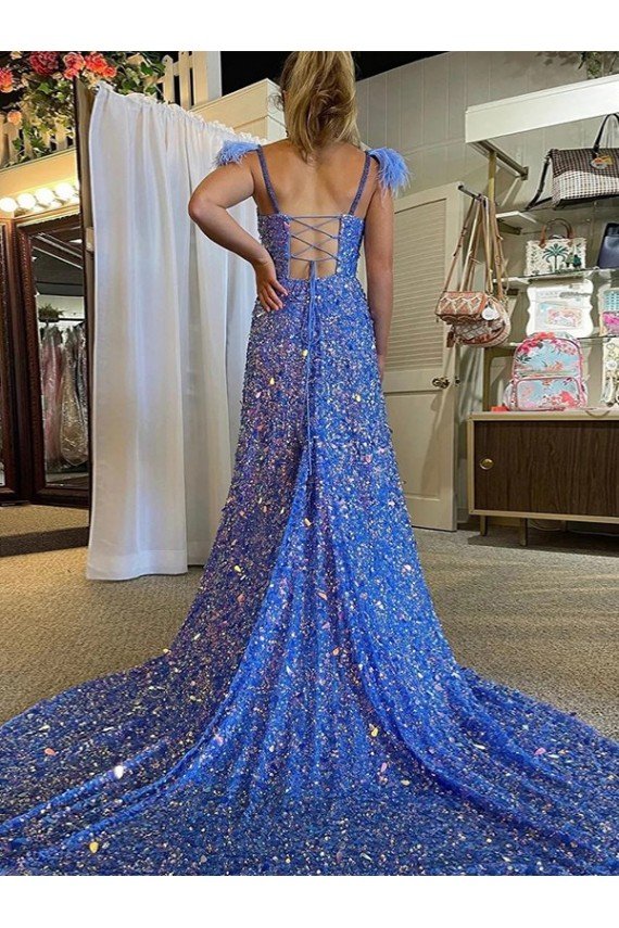 Cheap A-Line V-Neck Sleeveless Long Court Train Velvet Sequin Prom Dress with High Slit Sydney