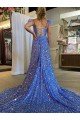 Cheap A-Line V-Neck Sleeveless Long Court Train Velvet Sequin Prom Dress with High Slit Sydney