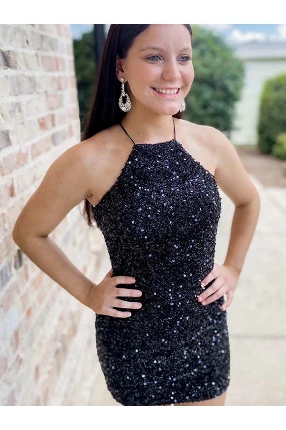 Cheap Halter Sleeveless Short Velvet Sequin Homecoming Dress / Prom Dress Sydney
