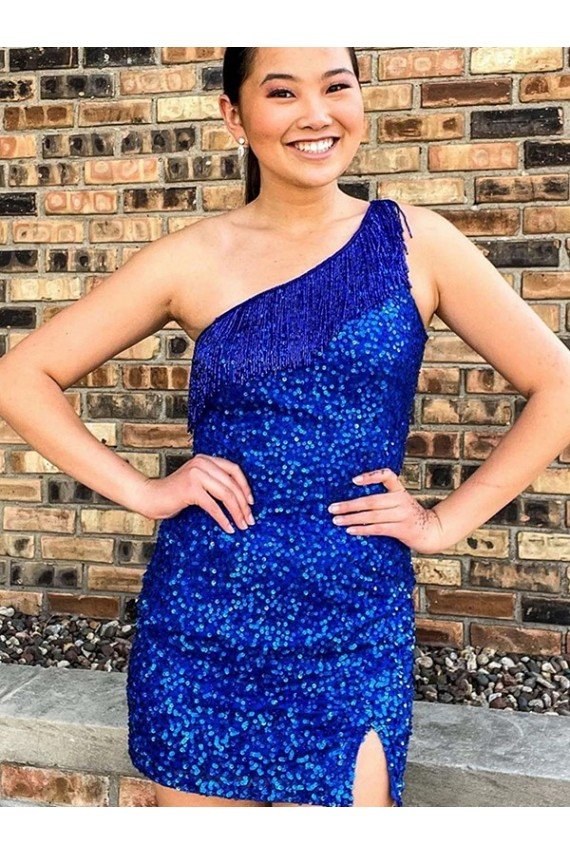 Cheap One Shoulder Sleeveless Short Velvet Sequin Royal Blue Homecoming Dress / Prom Dress Sydney