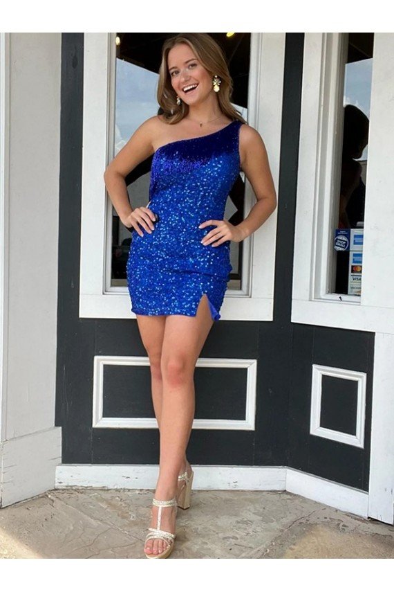 Cheap One Shoulder Sleeveless Short Velvet Sequin Royal Blue Homecoming Dress / Prom Dress Sydney