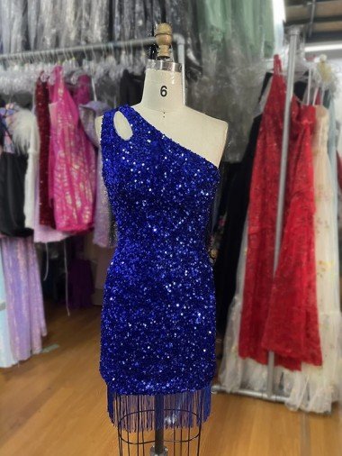 Cheap One Shoulder Keyhole Sleeveless Short Velvet Sequin Homecoming Dress / Prom Dress Sydney