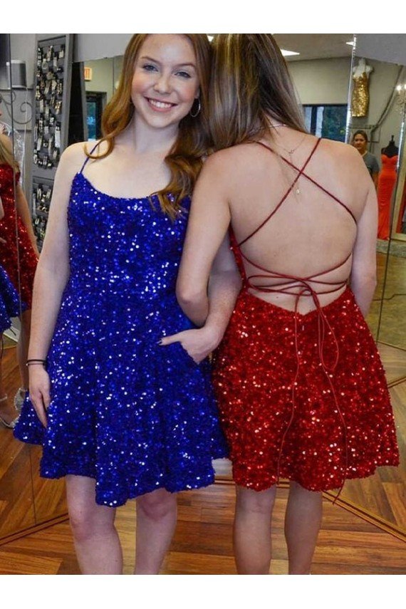 Cheap A-Line Spaghetti Straps Sleeveless Short Velvet Sequin Homecoming Dress / Prom Dress Sydney