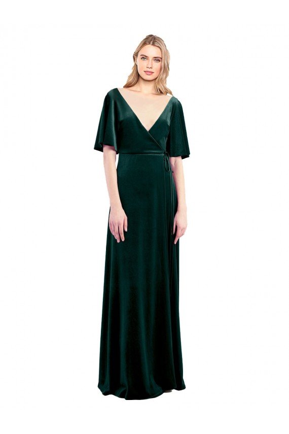 Cheap Deep V-Neck Flutter Sleeves Long Velvet Wrap Bridesmaid Dress / Prom Dress Sydney
