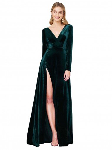 Cheap Deep V-Neck Long Sleeves Formal Velvet Bridesmaid Dress / Prom Dress with High Side Split Sydney