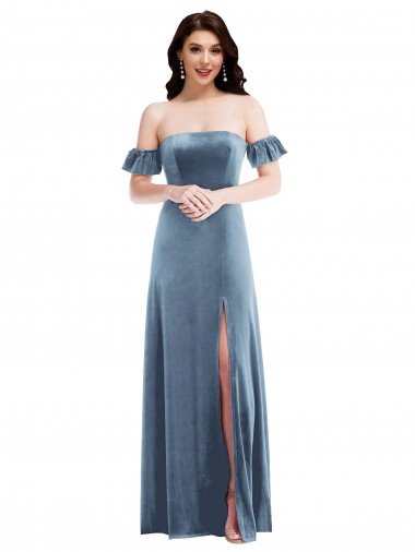 Cheap Ruffle Sleeve Off the Shoulder Velvet Maxi Bridesmaid Dress / Prom Dress Sydney