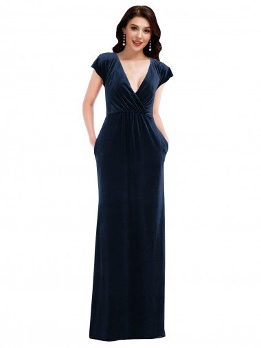 Cheap Flutter Sleeve Wrap Bodice Formal Velvet Maxi Bridesmaid Dress / Prom Dress with Pockets Sydney