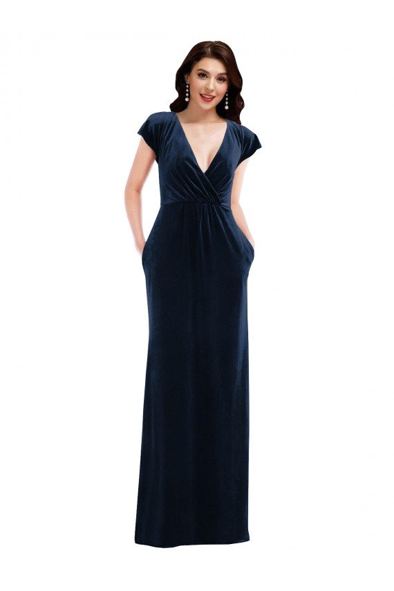 Cheap Flutter Sleeve Wrap Bodice Formal Velvet Maxi Bridesmaid Dress / Prom Dress with Pockets Sydney