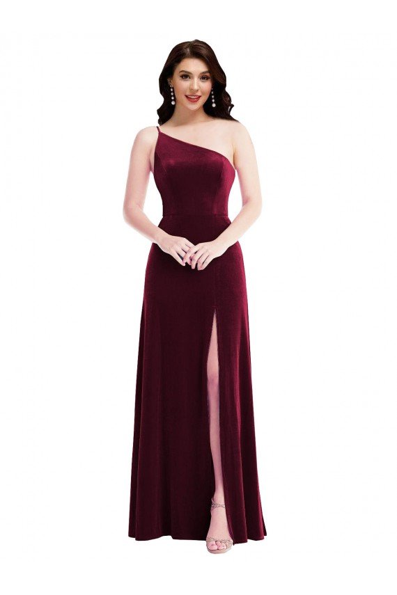 Cheap One Shoulder Spaghetti Strap Velvet Maxi Bridesmaid Dress / Prom Dress with Pockets Sydney
