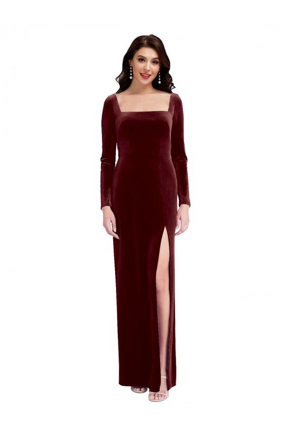 Cheap Sleek Square Neck Spaghetti Straps Velvet Bridesmaid Dress / Prom Dress with Side Slit Sydney