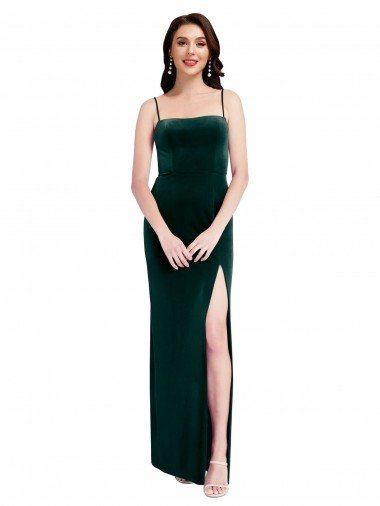 Cheap Straight Neckline Spaghetti Straps Long Velvet Bridesmaid Dress / Prom Dress with High Side Slit Sydney