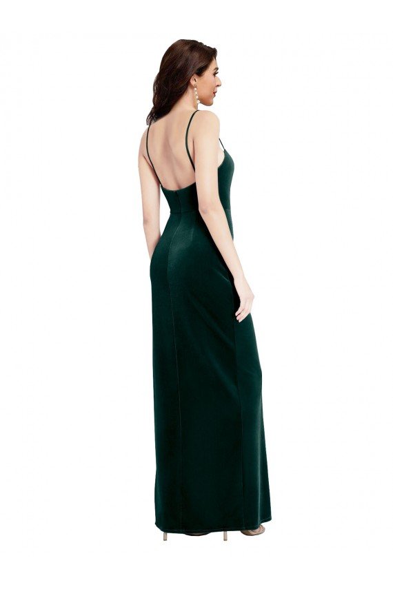Cheap Straight Neckline Spaghetti Straps Long Velvet Bridesmaid Dress / Prom Dress with High Side Slit Sydney