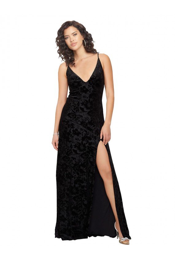 Cheap V-Neck Cowl Back Floral Velvet Bridesmaid Dress with Front Slit and Deep V-Neck Sydney