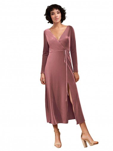Cheap Long Sleeve Velvet Faux Wrap Midi Length Bridesmaid Dress / Prom Dress Sydney