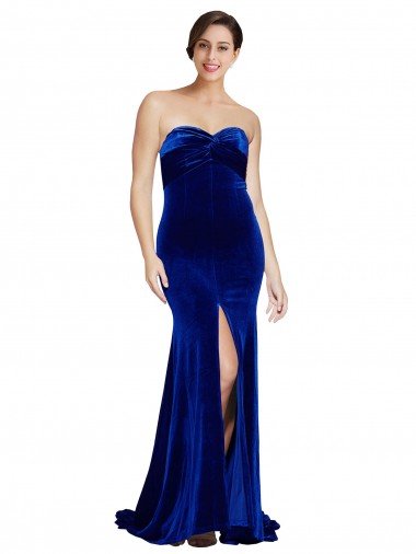 Cheap Strapless Ruched Formal Velvet Bridesmaid Dress / Prom Dress with Sweep Train and Front Slit Sydney