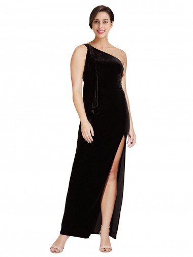 Cheap One Shoulder Long Formal Velvet Bridesmaid Dress / Prom Dress with Side Split and Shoulder Tie Sydney