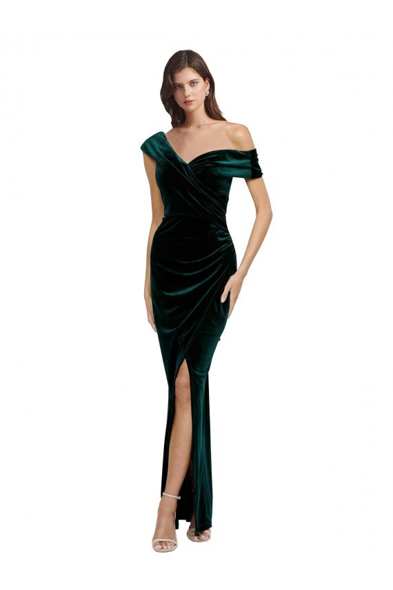 Cheap Long Asymmetric Neckline Ruched Formal Velvet Bridesmaid Dress / Prom Dress Sydney