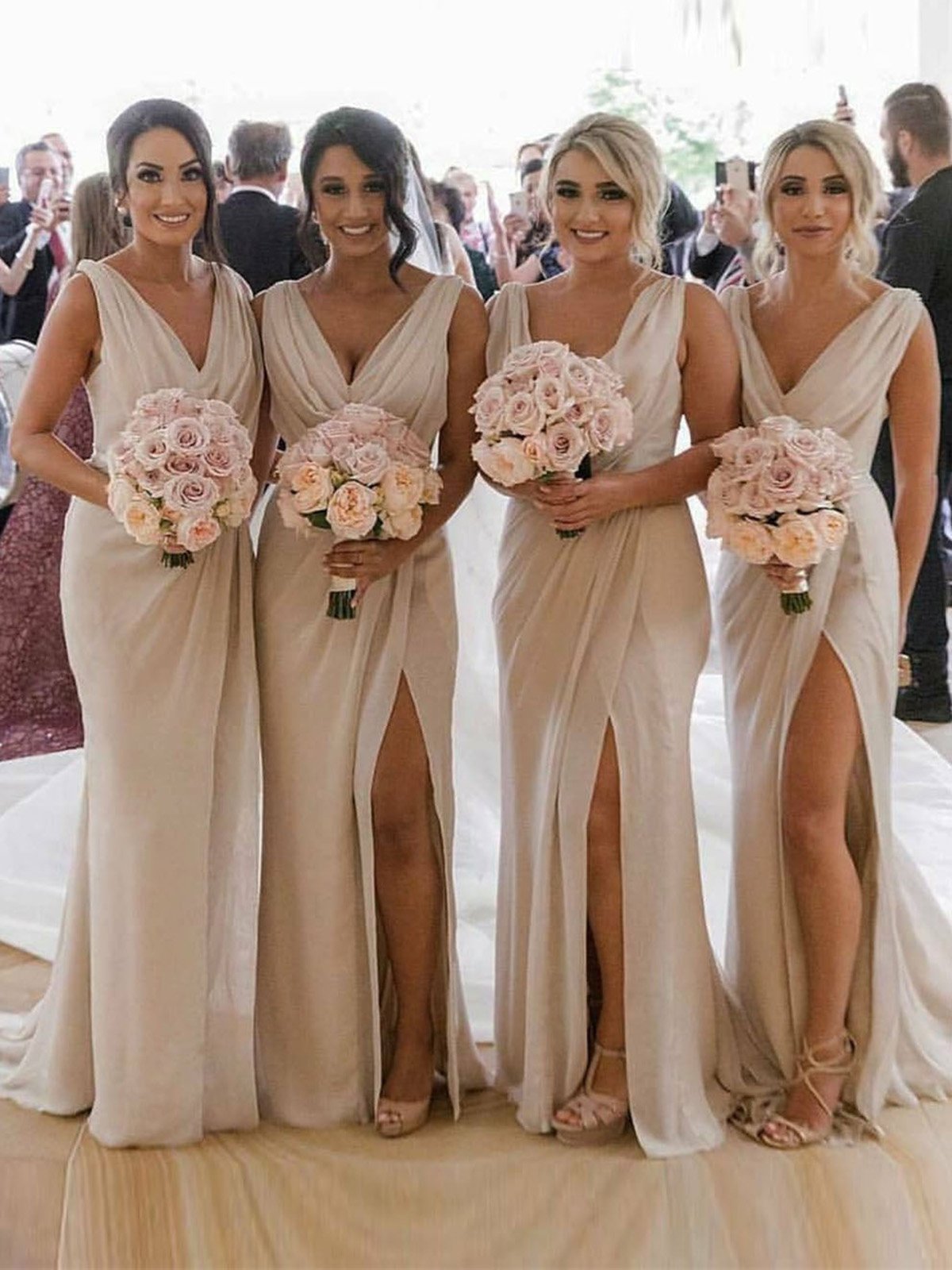 Champagne Full Length Luxe Chiffon Long Champagne bridesmaid dresses Sydney with Sexy High Slit and Front Ruffles